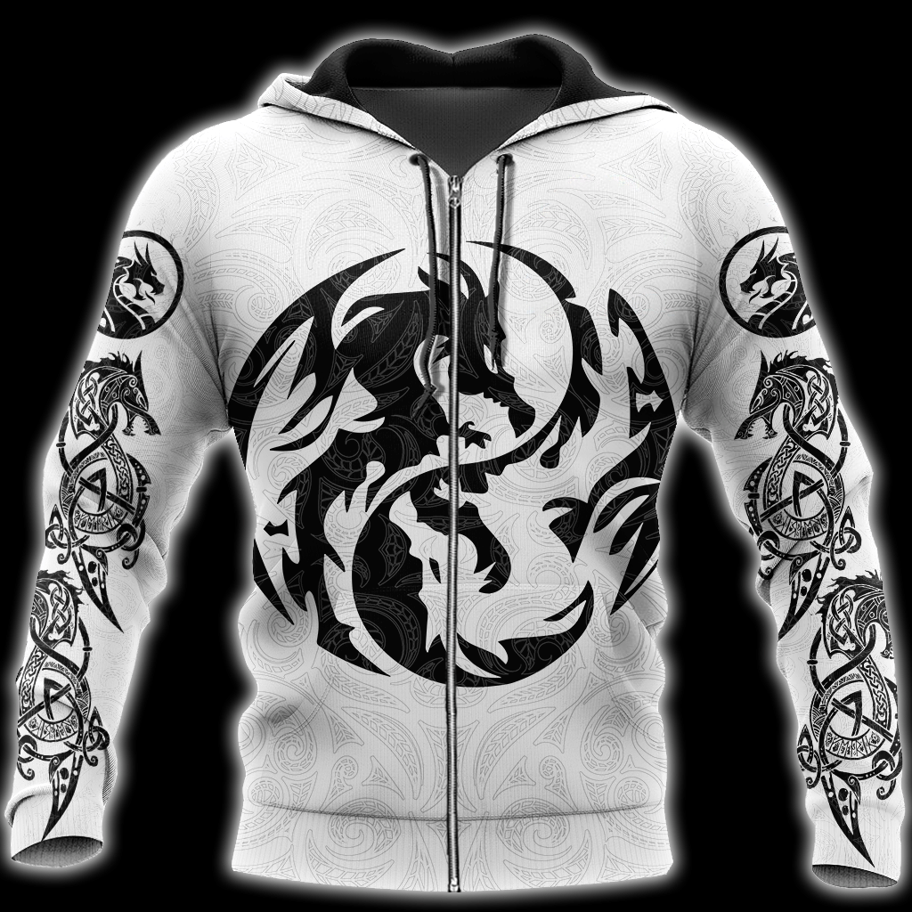 Dragon Tattoo White Black 3D Zip Up Hoodie Shirt For Men And Women