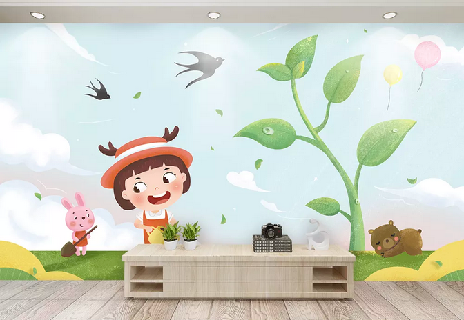 3D Cartoon Child Girl Bear Rabbit Tree Swallow Wall Mural Wallpaper 283