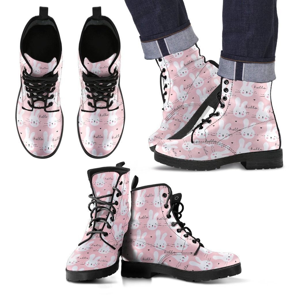 Pink Bunny Rabbit Pattern Print Men Women Leather Boots Fashion Boots Custom Shoes