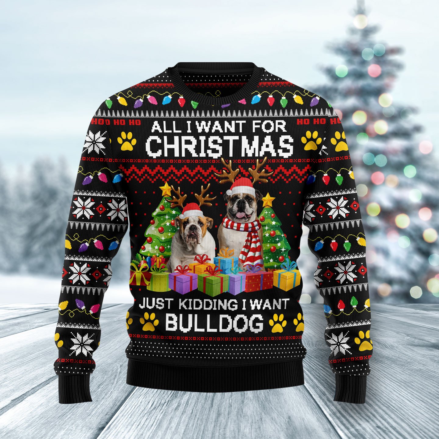 Bulldog Christmas HZ112504 unisex womens & mens, couples matching, friends, funny family ugly christmas holiday sweater gifts (plus size available)