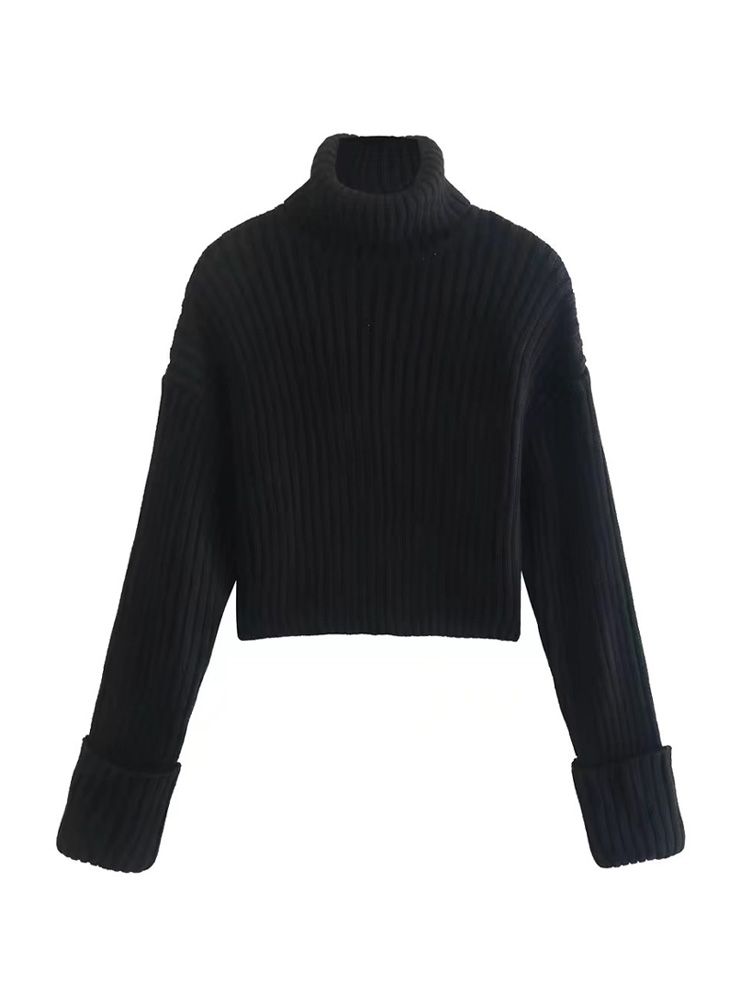 TRAF Women Fashion Thick Warm Crop Rib Knit Sweater Vintage Turtleneck Long Sleeve Female Pullovers Chic Tops alx