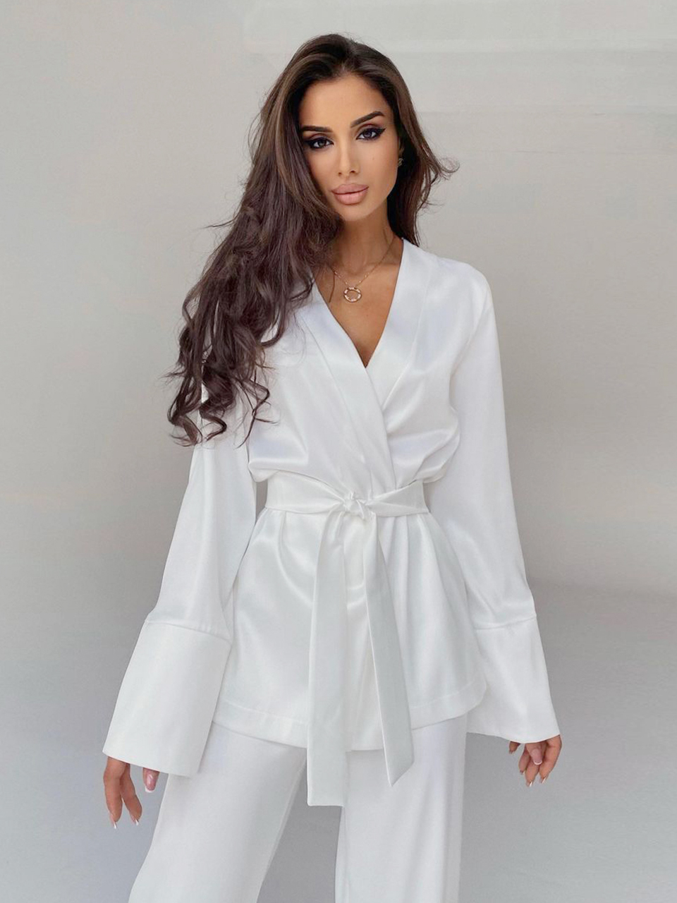 Solid Color Pajamas For Women Robe Sets Full Sleeves Women’s Home Clothes Trouser Suits Satin Nightgowns Spring 2022 Loungewear alx