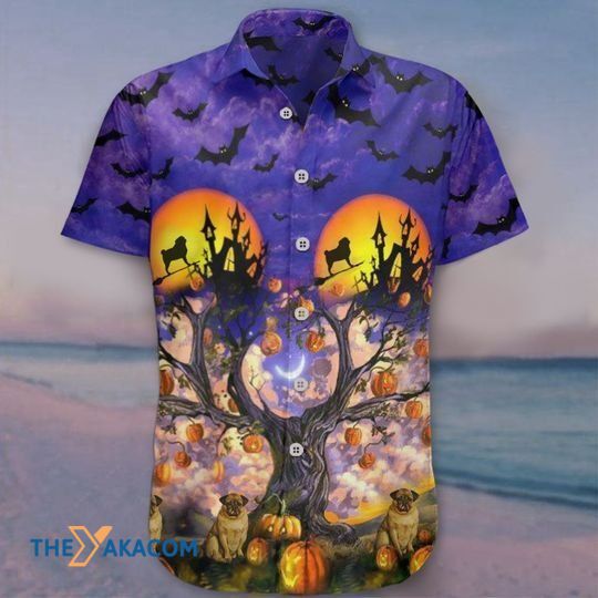 Happy Halloween With Awesome Pug Bat Pumpkin Tree Gift For Dog Lovers Hawaiian Shirt Ha61746