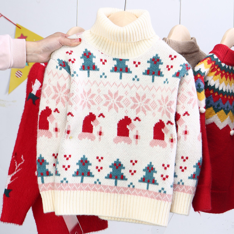 Boys and Girls Christmas Sweater Long Sleeve Thick Knitted Warm Sweater Shirt High Neck Winter Sweater Clothes alx