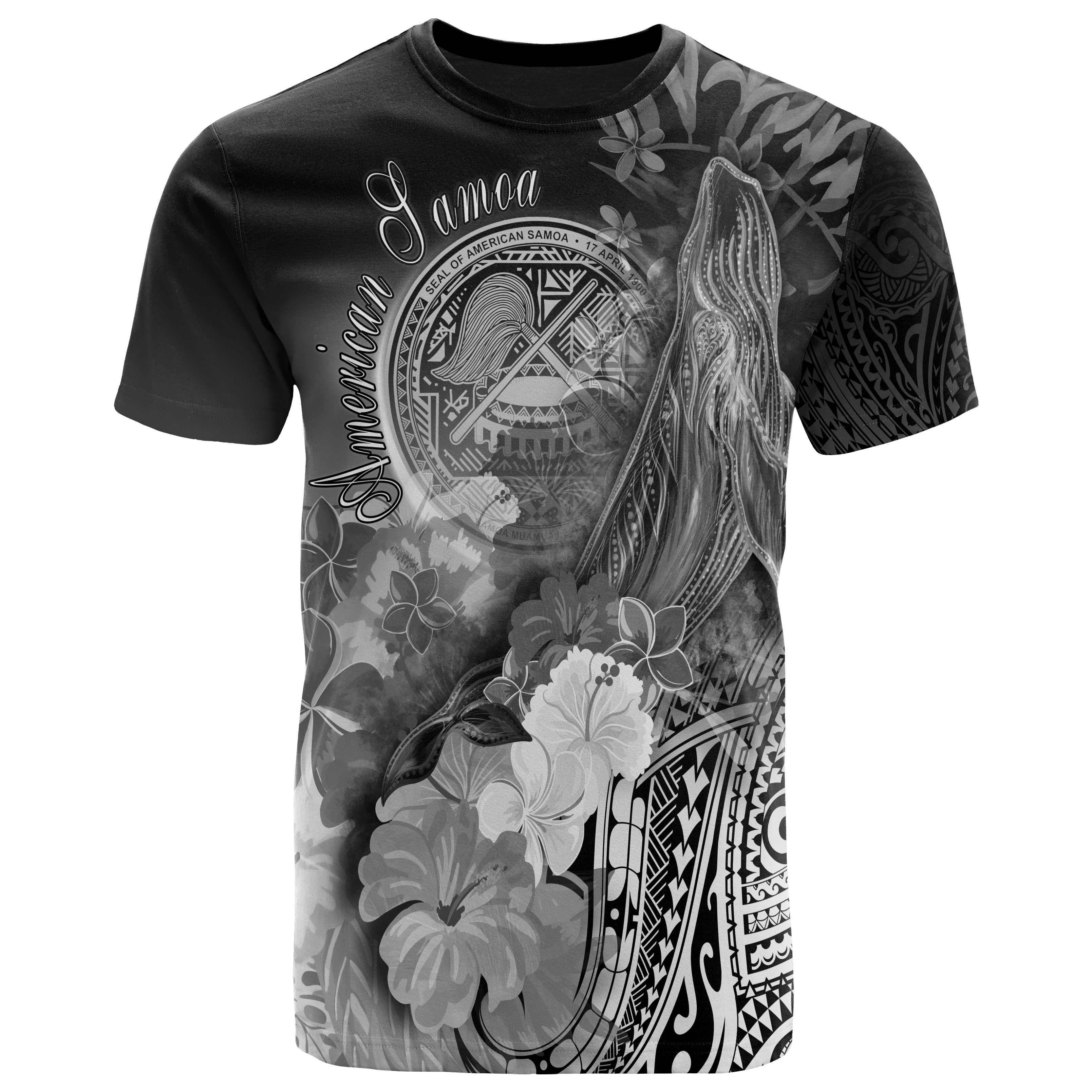 American Samoa Polynesian T-Shirts – Humpback Whale with Tropical Flowers (White)- BN18