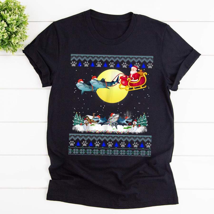 Shark reindeer christmas lights dog riding santa gifts paw print black cotton t shirt for men and women S-6XL