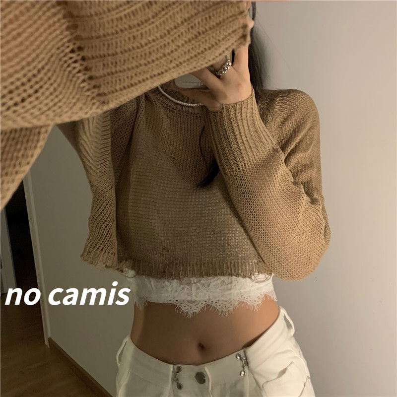 Sweater Pullovers Women Hollow Out Chic Female Soft Summer Thin Causal Sun-proof Basic Knitted Ulzzang Solid Simple Crops Ropa alx