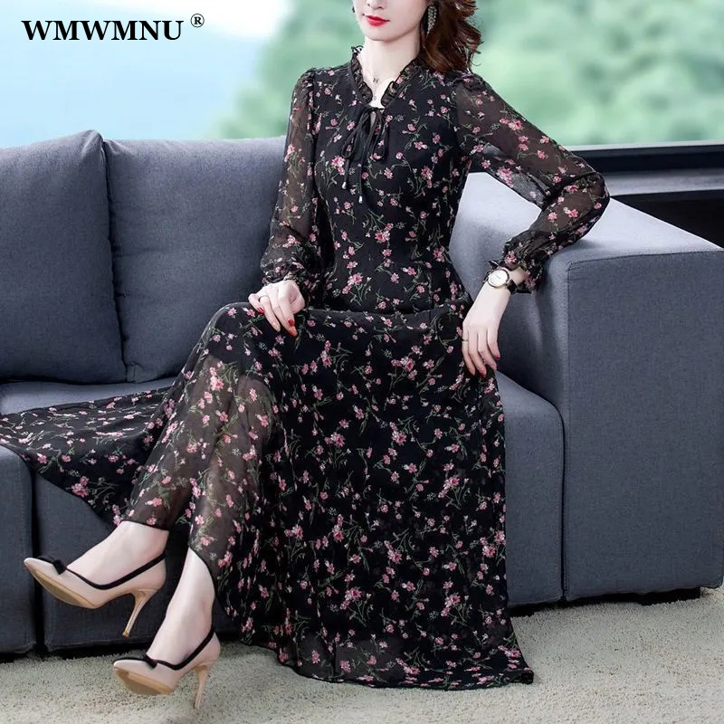 Black Long Sleeve Chiffon Floral Dress Women Large Size 6Xl 5Xl Vintage Ruffle Neck Midi Dresses Casual Elegante Vestido Mujer alx