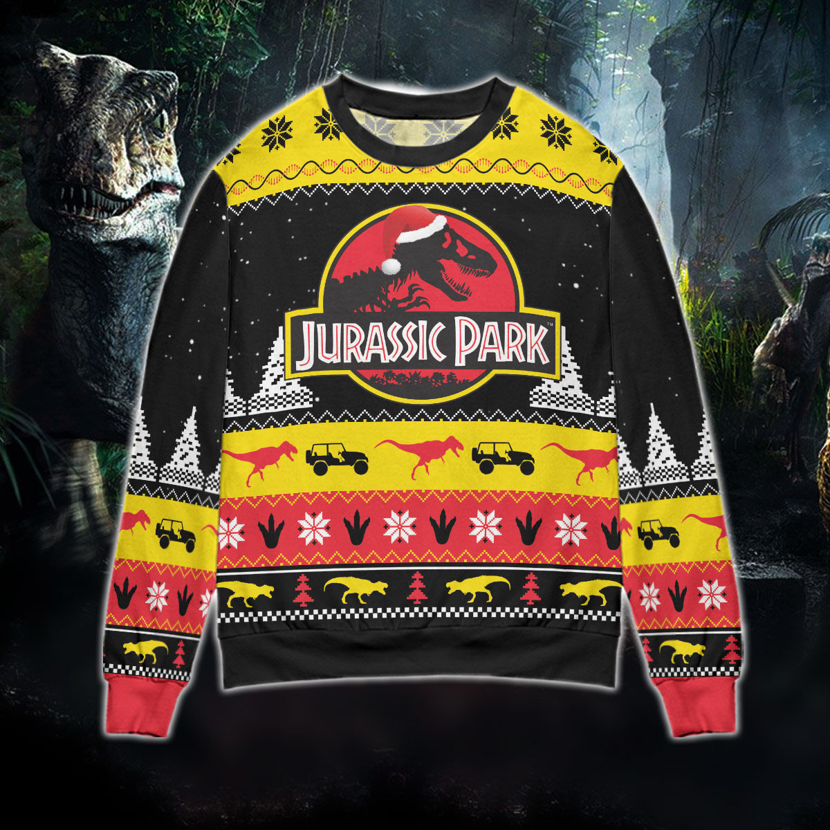 Christmas Jurassic Park T-Rex Dinosaur Black Red Sweater #131221H