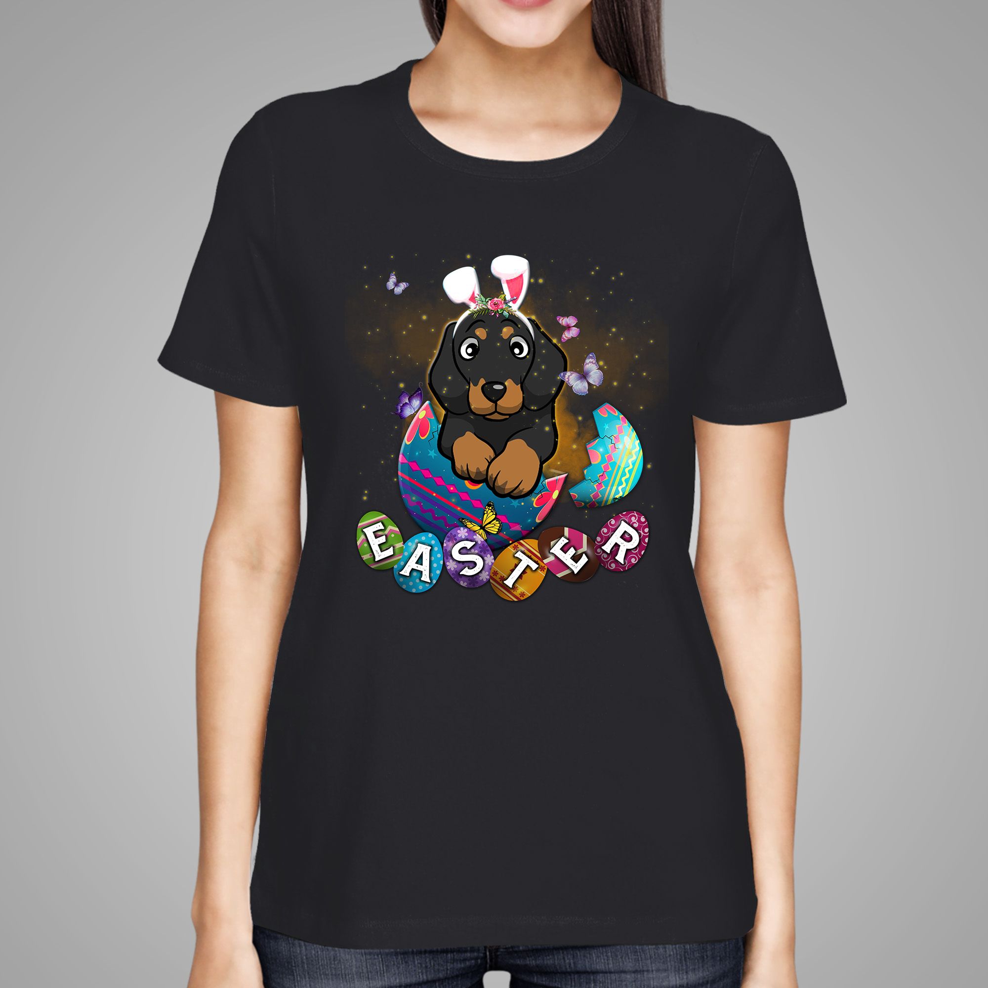 Bunny Headband Dachshund Colorful Eggs 2D Shirt For Girls On Easter Day