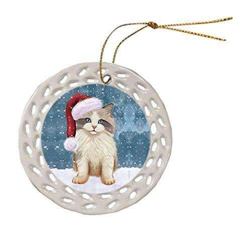 Let It Snow Christmas Holiday Ragdoll Kitten Cat Wearing Santa Hat Ceramic Doily Ornament D023