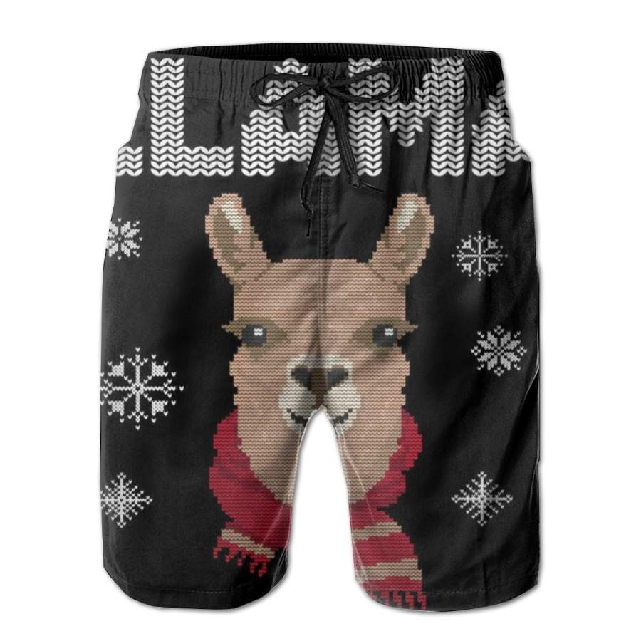 2 Pack Fa La La La Llama Ugly Christmas Sweater Poster Men Swim Trunks Drawstring Elastic Waist Quick Dry Beach Shorts with Mesh Lining Swimwear Bathing Suits