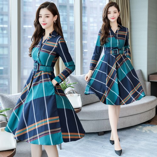 Stinlicher Women Dress Long Sleeve Office Stripe Dress Women Plaid Shirt Dresses Belt Spring Autumn Clothes alx