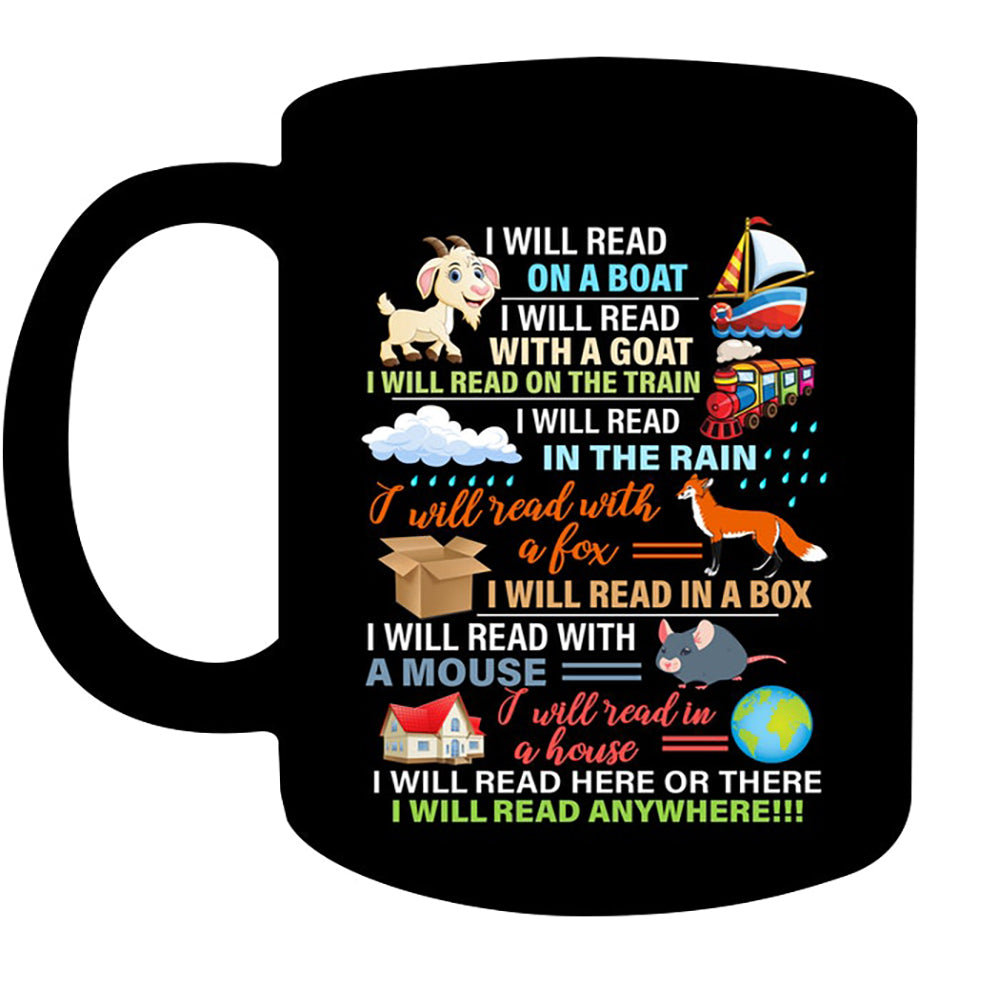 Happy Gear Mug – I Will Read Here Or There. I Will Read Anywhere Ceramic Coffee Cups And Mugs For Reading Books Lovers – Gift Idea For Teachers, Librarian Or Book Nerd. Funny Library Mugs