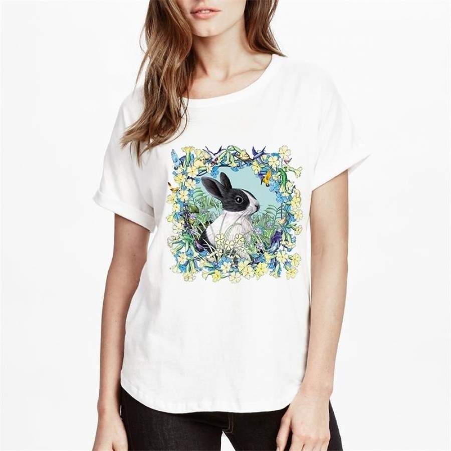 Rabbit In A Wreath Summer Women Cartoon Printed T-shirt