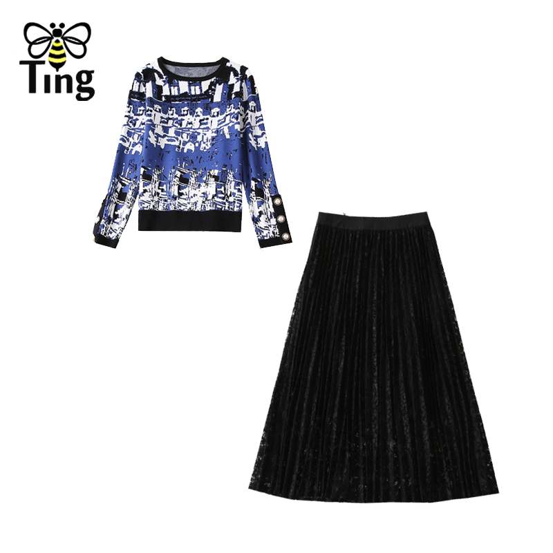 Tingfly Women Fashion Winter Autumn Chic Knitting Sweater & Black Lace A Line Midi Skirt Casual 2 Pieces Dress Sets Outfits Za alx