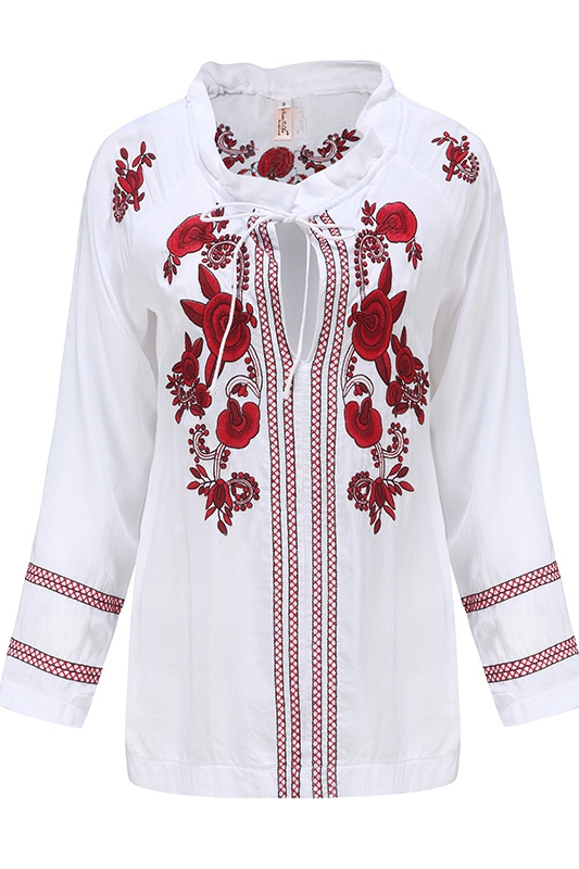 2022 Spring and Summer Embroidered Flower Decoration Shirts V-neck Lace-up Full Sleeves Blouses Loose Casual Bohemian Women Tops alx