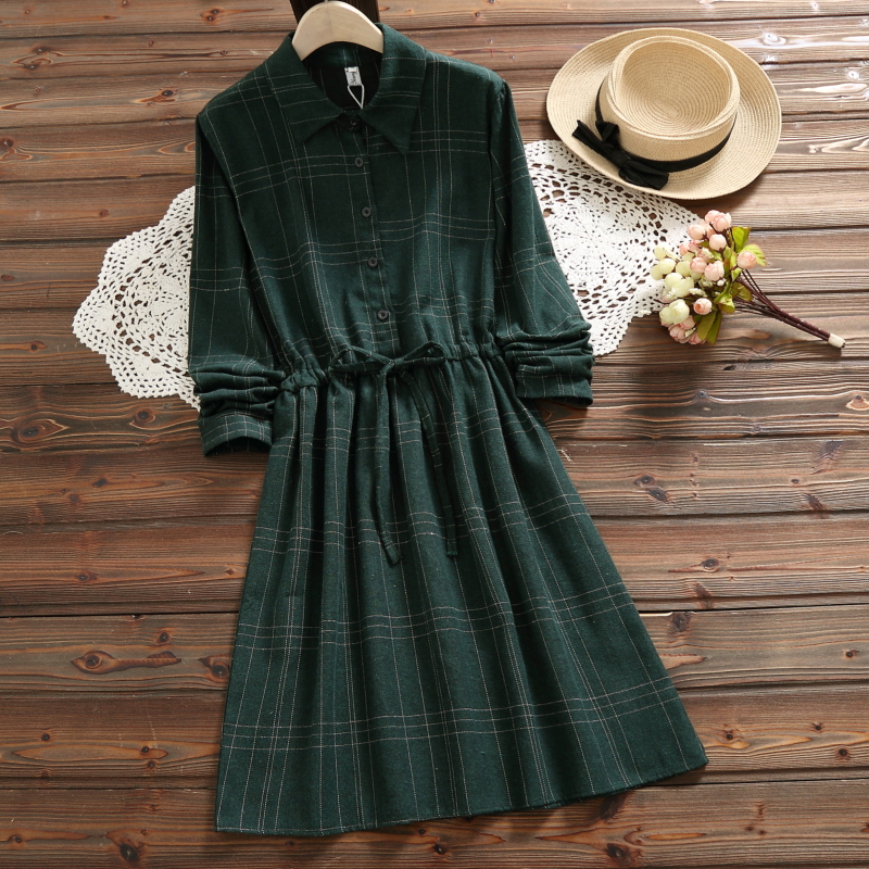 2018 autumn vintage plaid dress for women mori girl fashion long sleeve lady sweet dress alx