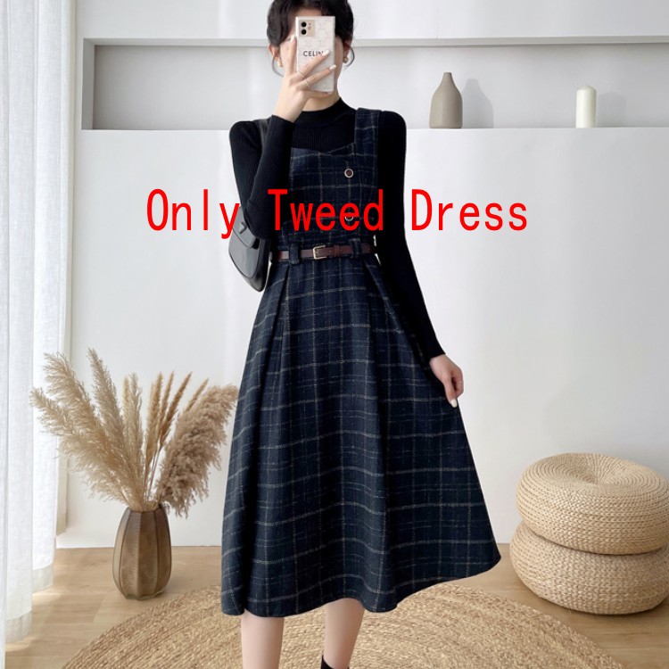 Autumn Winter Lady fashion Overalls 2 Piece Set Dress Women black Knitted Sweater Top + Plaid Tweed Slim Big Swing Midi Dress alx