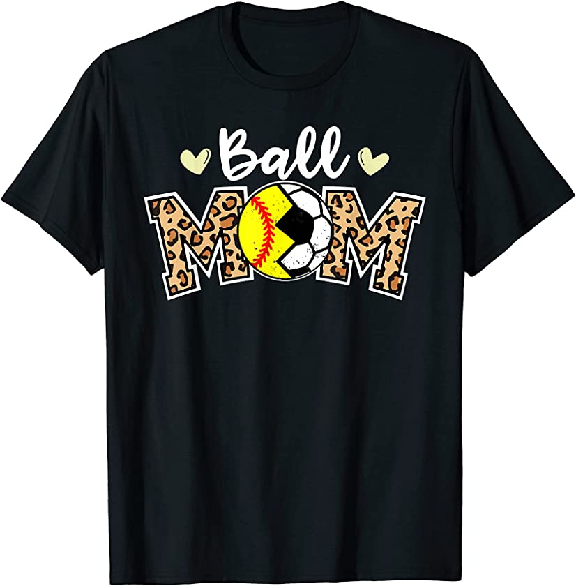 Ball Mom Leopard Funny Soccer Softball Player Mom T-Shirt