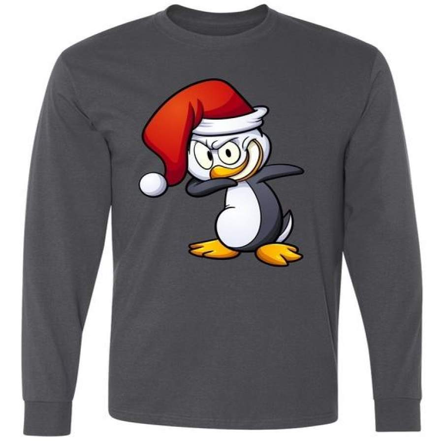 Dabbing Penguin Christmas Santa Hat Long Sleeve T-Shirt