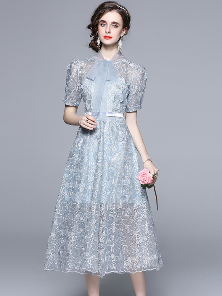 SMTHMA High Quality Runway Designer Flower Embroidery Summer Dresses Ladies Blue Vintage Organza Bow Lace Up Long Dress Vestidos alx