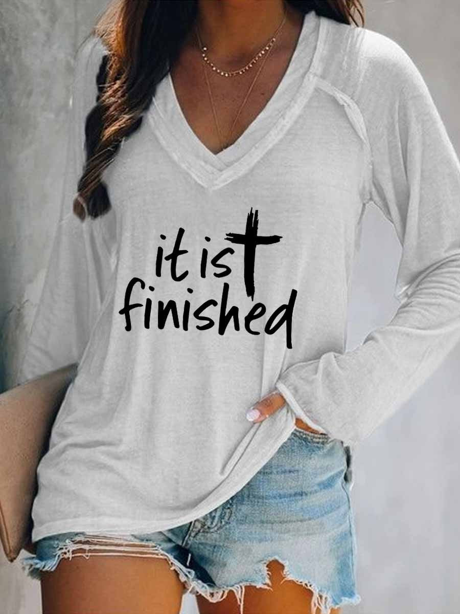 Women It Is Finished Long Sleeve V-Neck T-Shirt
