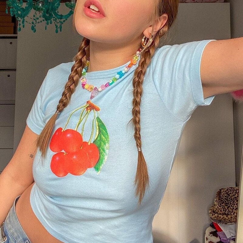 Cherry Print Baby Blue Crop Top, y2k Baby Tee, Aesthetic Trending Streetwear, 2000s Graphic T-shirt, Kawaii Indie Girl, y2k 90s Trash Top