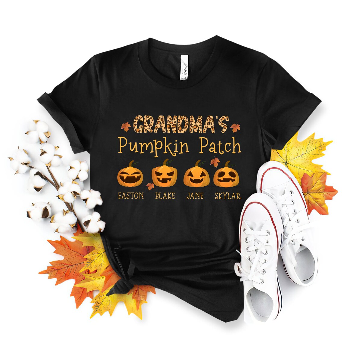 Personalized T-Shirt Grandma’S Pumpkin Patch Pumpkins With Funny Emotion Printed Custom Grandkids Name Leopard Design