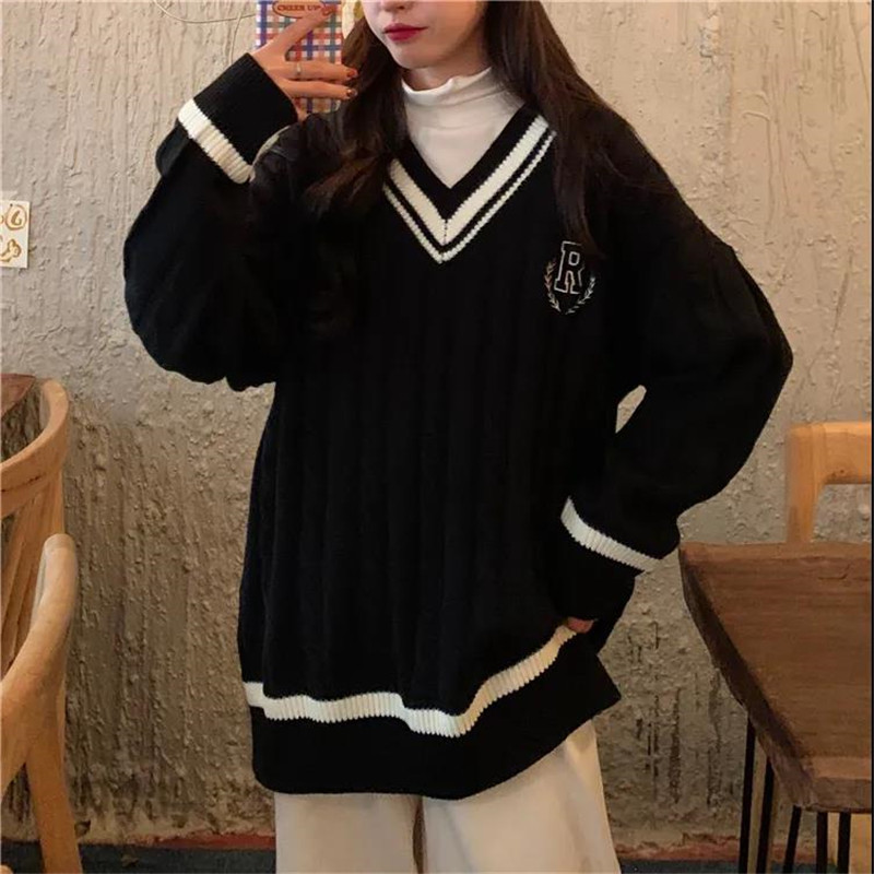 Sweaters Women Ulzzang V-neck Daily Knitted Letter Chic Vintage Oversize Preppy Knitwear Fall Casual All-match Ins Women Sweater alx