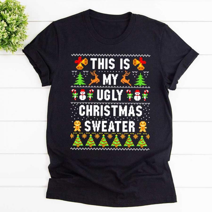 Christmas this is my ugly sweater candy cane snowman funny holiday black cotton t shirt for men and women S-6XL