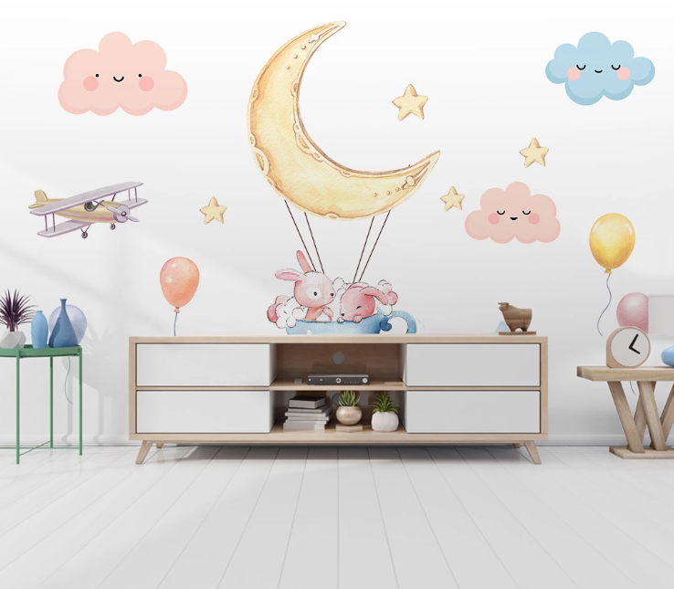 3D Moon Star Clouds Rabbit Aircraft Wall Mural Wallpaper Sf05