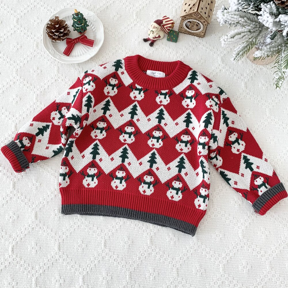 Autumn Winter Baby Boys Girls Coat Sweater Toddler Christmas Knitwear New Year Pullovers Long-sleeve Cotton Baby Snowman Tops alx