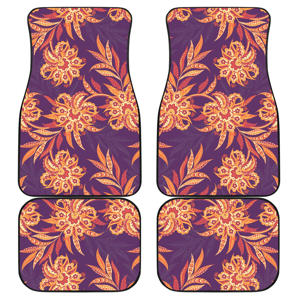 Tangerine Floral Bohemian Pattern Print Front And Back Car Floor Mats, Front Car Mat