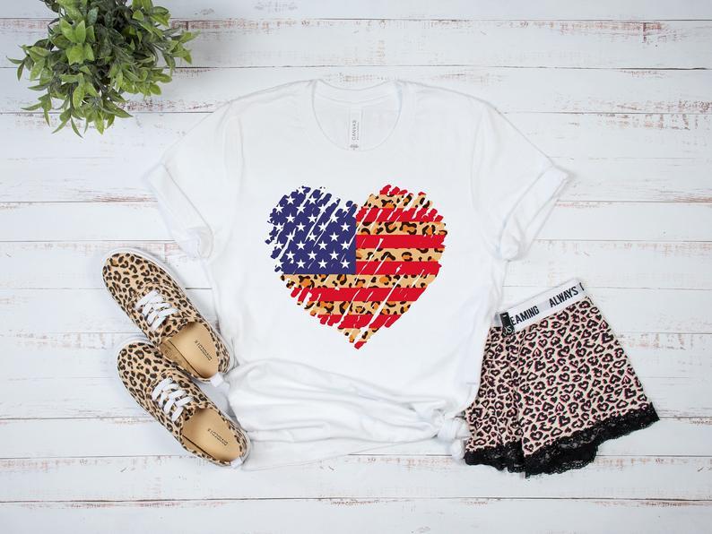 American Flag Shirt, Leopard Print, American Flag Heart Shirt, Usa Flag Shirt, Usa Shirt, 4Th Of July Shirt, July 4Th Shirt, Women’S Shirt