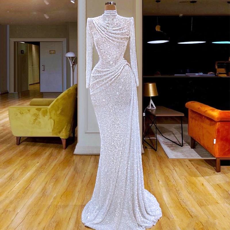 abiye White Sequined Evening Dresses robe de bal High Neck Long Sleeve abendkleider Evening Dress Elegant Dubai Party Gowns alx