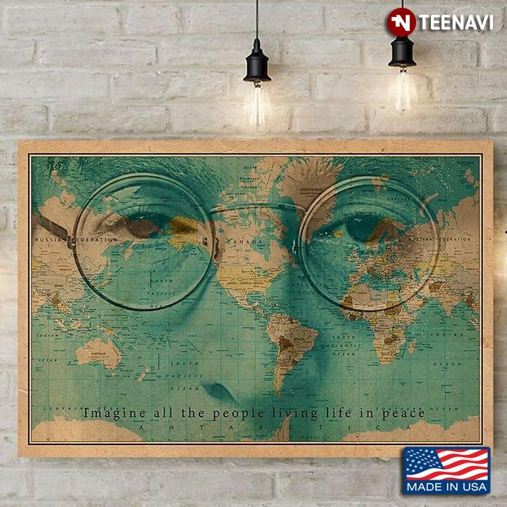 vintage map john lennon eyes & imagine lyrics imagine all the people living life in peace poster canvas