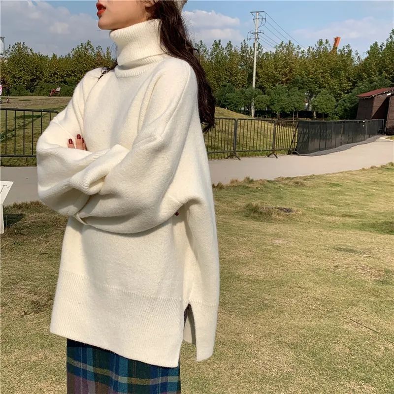 Thickened Solid Color High Collar Sweater Female Students Autumn Winter New Loose Head Set Hundred Open Knitted Sweater Jacket alx