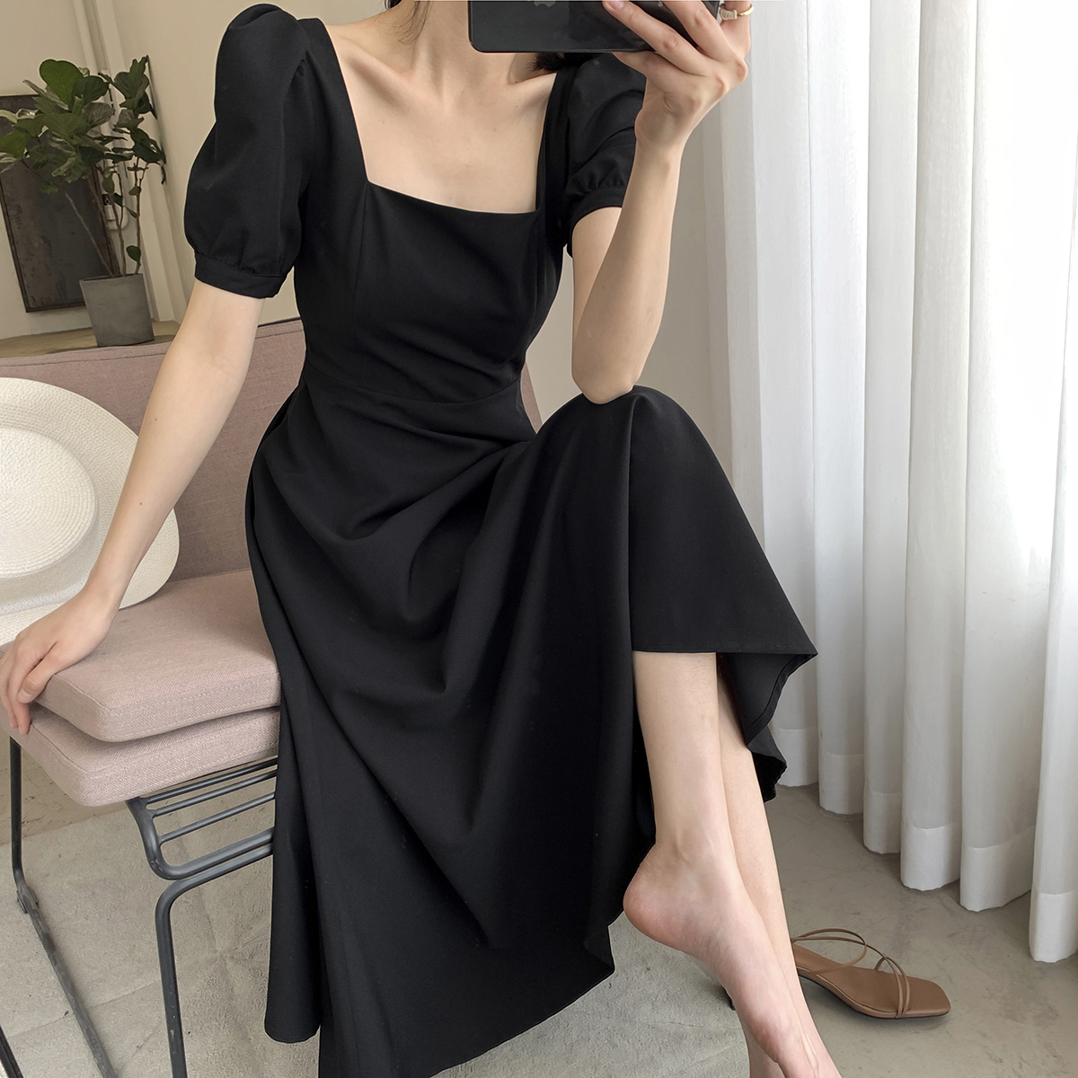 Vintage Elegant French Black Party A-line Maxi Dress for Women Square Collar Short Sleeve Dress Summer 2021 Vestidos De Mujer alx