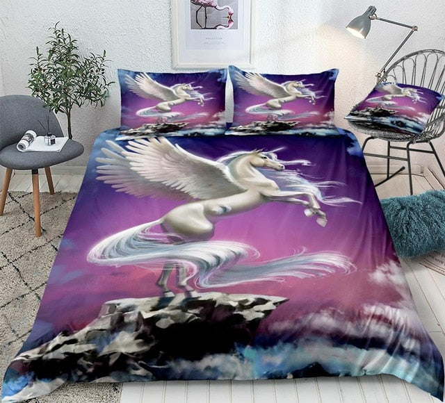 3D Purple Unicorn Shine Feather Wings Duvet Cover Set, Microfiber Fabric Bedding