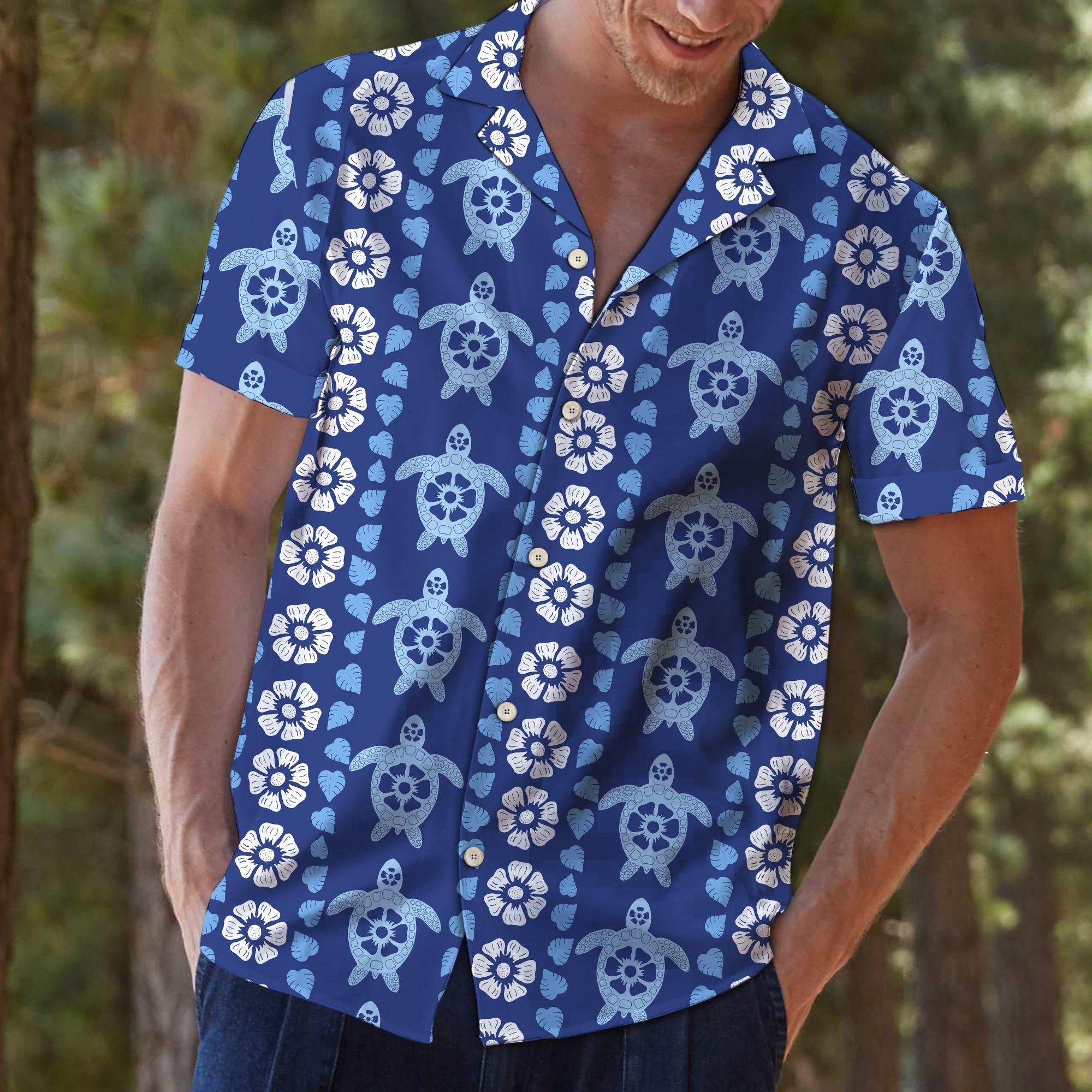 Turtle Blue Floral Aloha Hawaiian Shirt Colorful Short Sleeve Summer Beach Casual Shirt For Men And Women