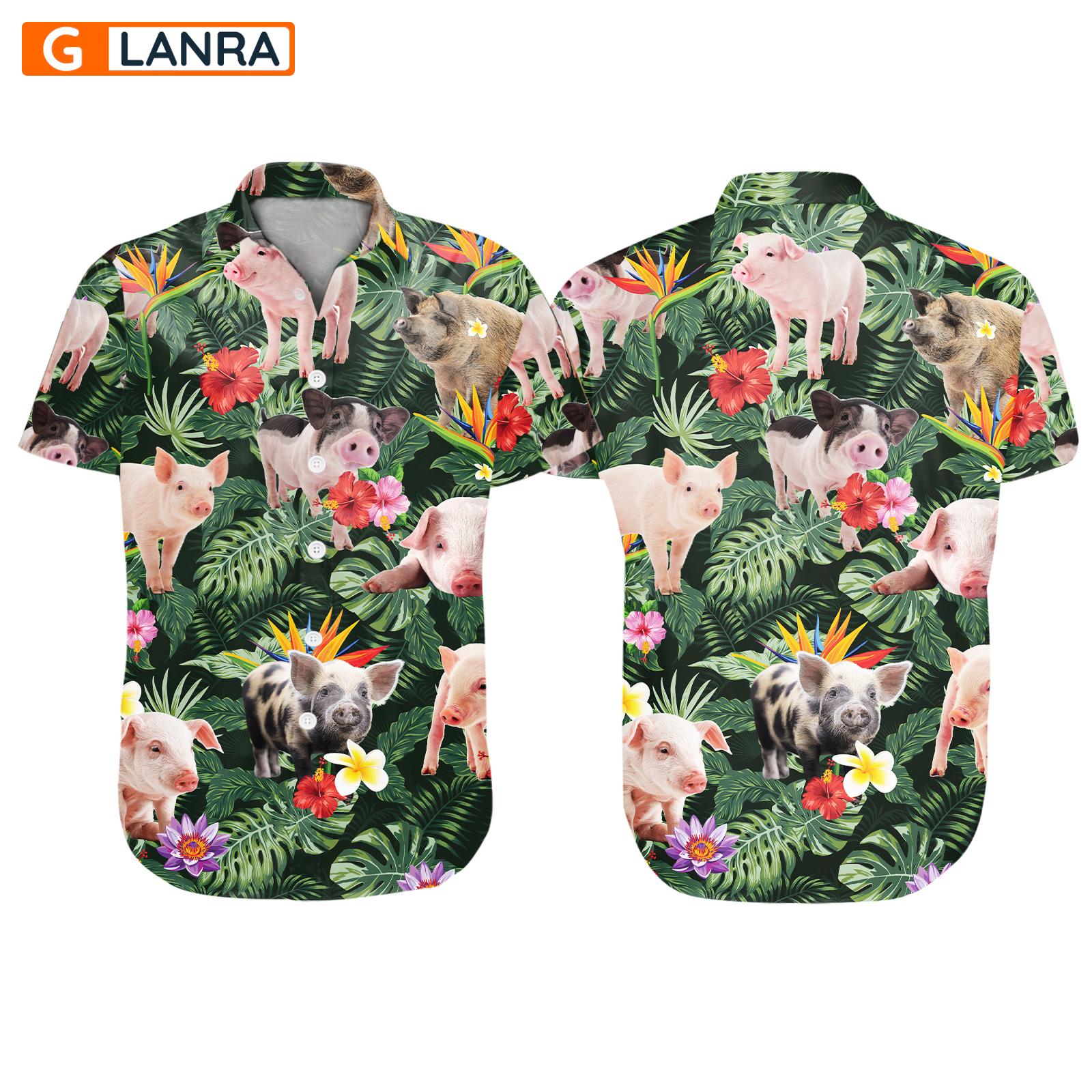 Pig Tropical Leaves Flower Button Shirt, Pig Farm Button Shirt, Summer Pig Hawaiian Shirt, Pig Leaf Hawaiian Shirt, Summer Tropical Shirt