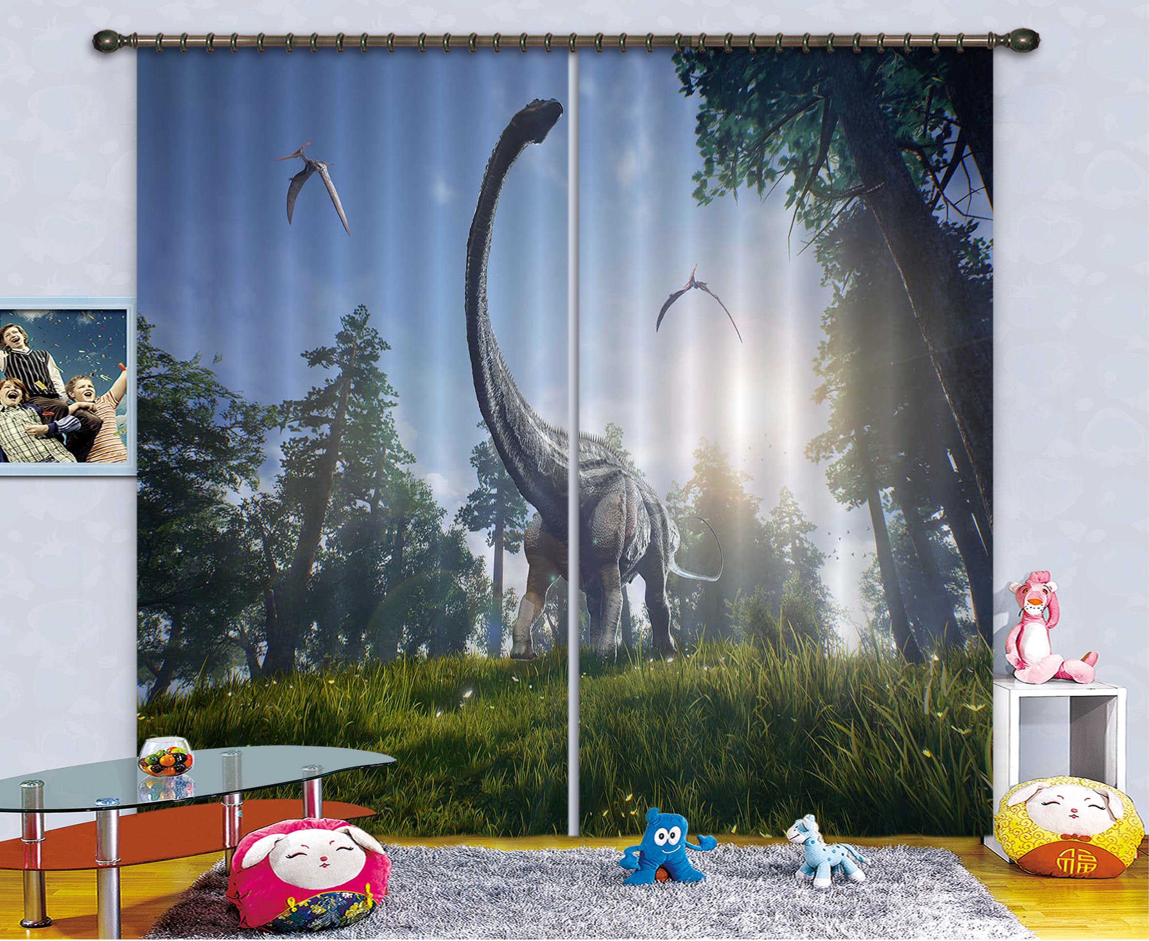 3D Dinosaur In The Forest C019 Blockout Photo Curtain Print Curtains Drapes Fabric Window | 3D Large Photo Curtain, Jess Art Decoration Wallpaper