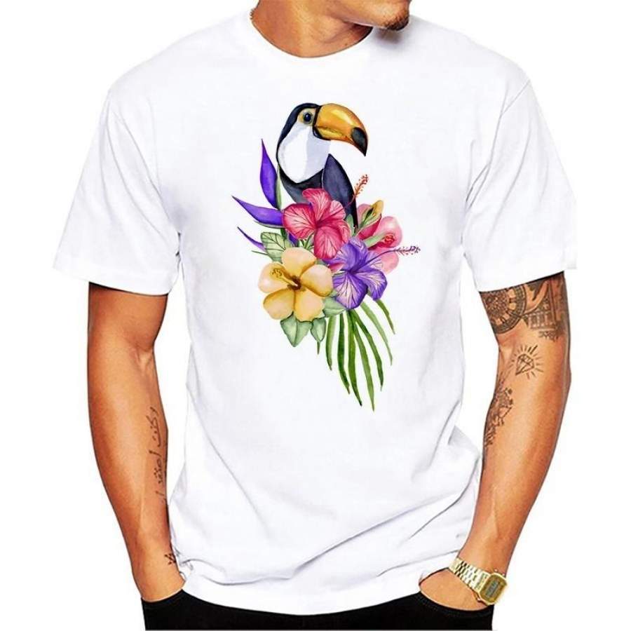 Plus Size T-Shirt Cartoon Flower Toucan Bird Print Creative Pattern T Shirts for Men Clothing in Men’s T-Shirts