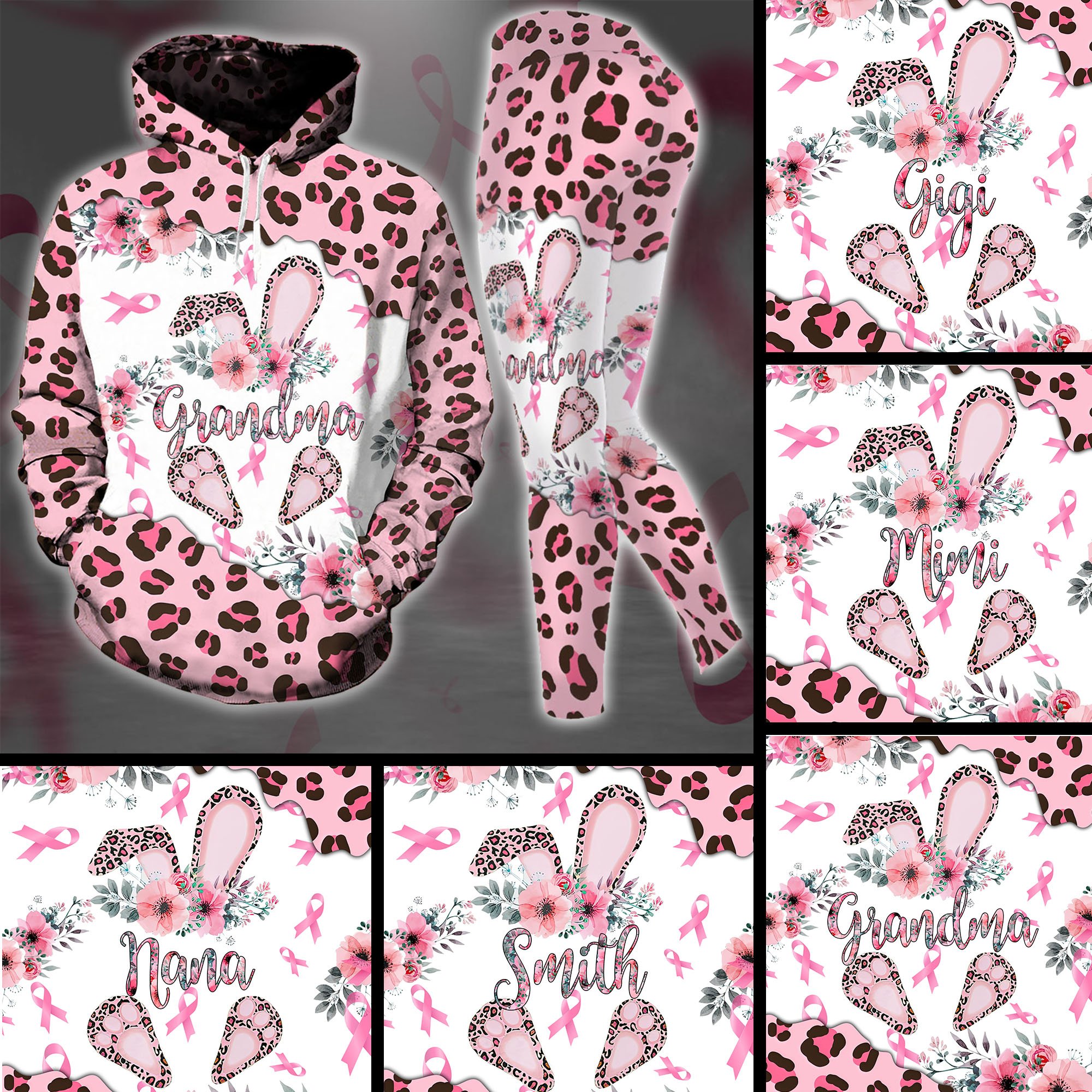 Personalized Breast Cancer, Pink Warrior, Grandma, Mama, Mom, Bunny Easter Leopard Combo Hoodie And Legging