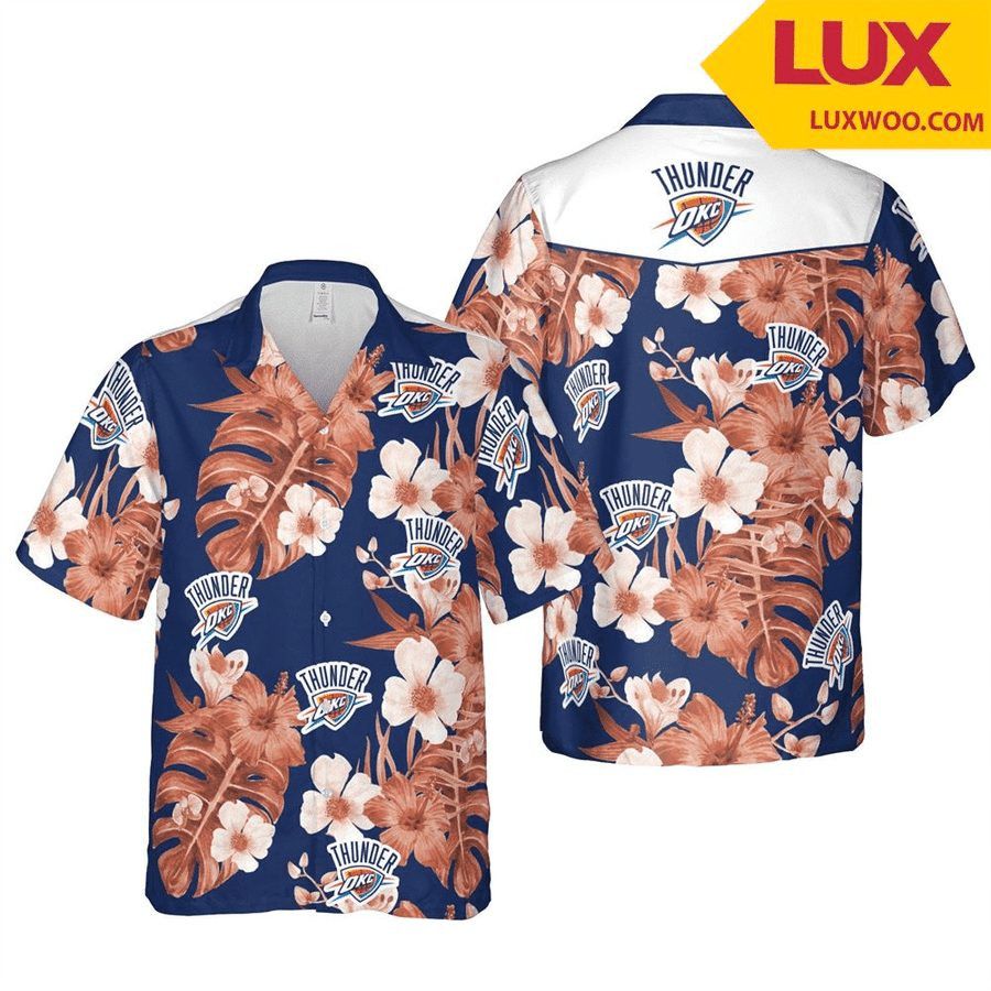 Nba Oklahoma City Thunder White Hibiscus Orange Leaves Trendy Hawaiian Shirt Aloha Shirt