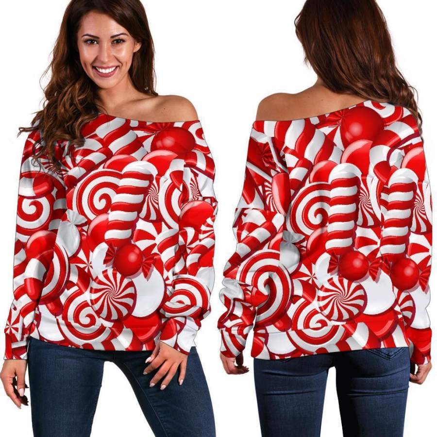 Candy Cane Print Pattern Women Off Shoulder Sweatshirt