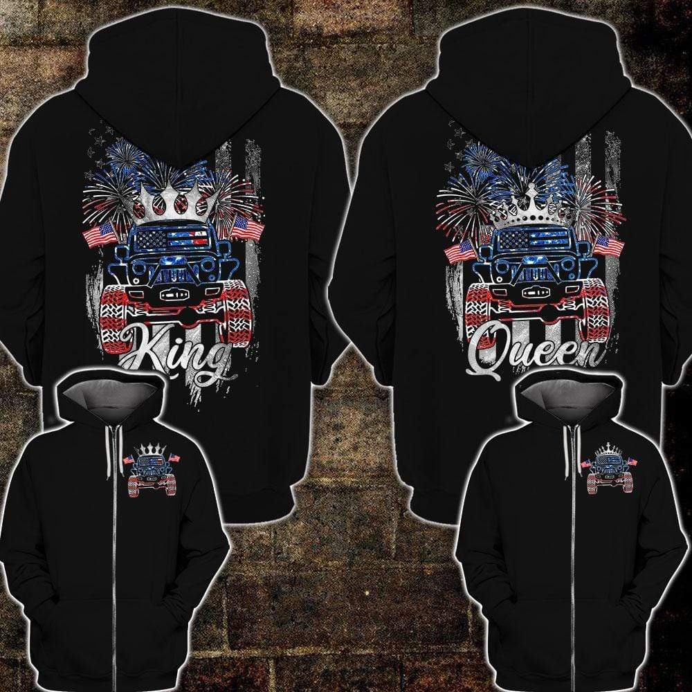 Couple Love Jeep King And Queen Independence Day Firework Hoodie 3D