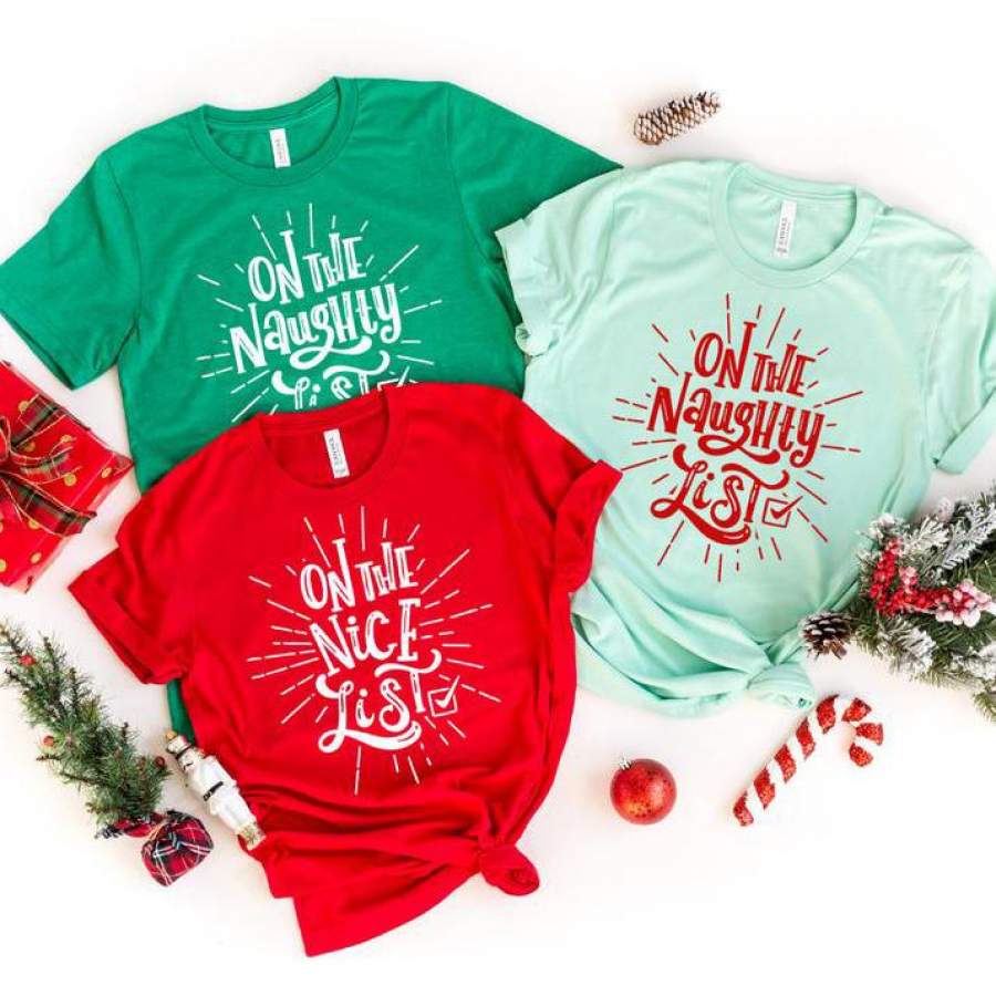 Matching Family Christmas Shirt , Christmas Pajamas, Best Friend Gift, Naughty and nice Ugly Christmas Sweater Couple Christmas Shirt Set Shirtifyco Style -