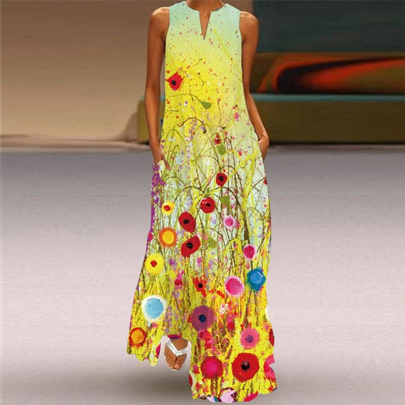 Women’s Vintage Printed Dresses Summer Boho Sleeveless V-Neck Long Dress Ladies Casual Elegant Beach Party Maxi Dresses Vestidos alx